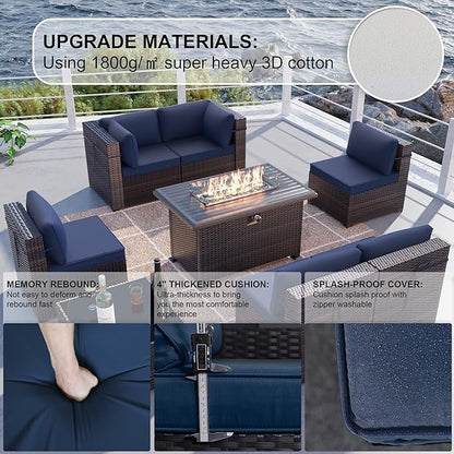 Kullavik 8 Pieces Outdoor Patio Furniture Set with 43" 55000BTU Gas Propane Fire Pit Table PE Wicker Rattan Sectional Sofa Patio Conversation Sets,Dark Blue