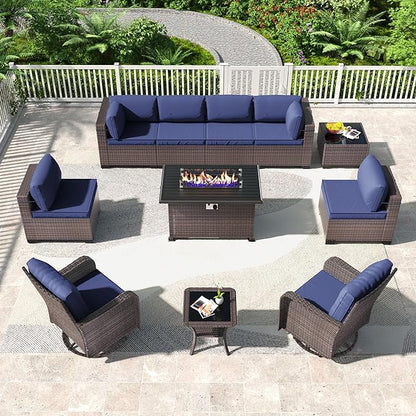 Kullavik 11PCS Outdoor Patio Furniture Set,PE Wicker Rattan Sectional Sofa Patio Conversation Sets with 43" 55000BTU Gas Propane Fire Pit Table,Swivel Rocking Chairs Set,Navy Blue