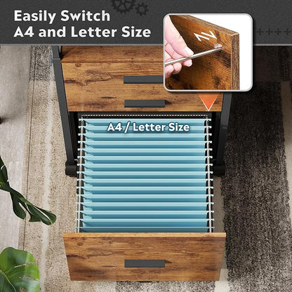 DEVAISE File Cabinet with Storage Drawers, Rolling Printer Stand with Adjustable Shelves, Wood Filing Cabinet for Home Office, Rustic Brown