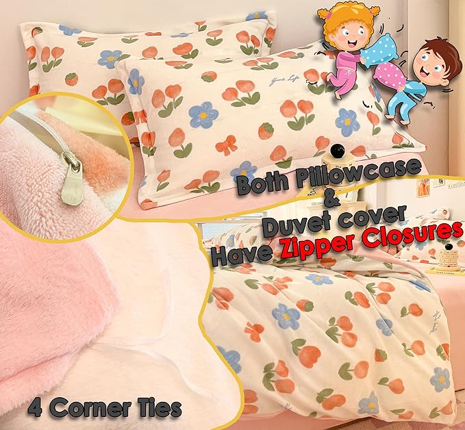 MorroMorn Twin Bedding Sets, Pink Tulips Floral Duvet Cover Set, Plush Fluffy Comforter Covers Lightweight Blanket Ultra Soft Cute for Girls Kids Toddler Teen Preppy Twin/Twin XL Size