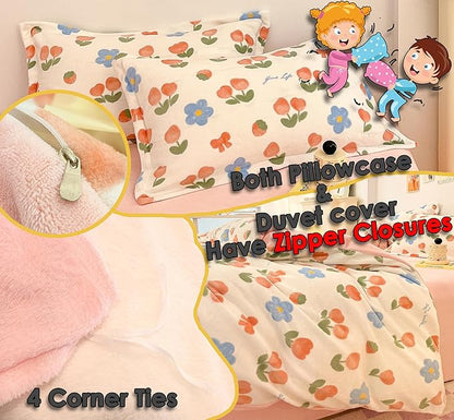 MorroMorn Twin Bedding Sets, Pink Tulips Floral Duvet Cover Set, Plush Fluffy Comforter Covers Lightweight Blanket Ultra Soft Cute for Girls Kids Toddler Teen Preppy Twin/Twin XL Size
