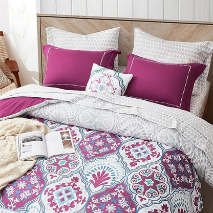 Degrees of Comfort Twin XL Complete Comforter Sets, Lattice Boho Bed in A Bag,Microfiber Bedding Set with Side Pockets, Matching Decorative Pillow, 6 Piece Purple