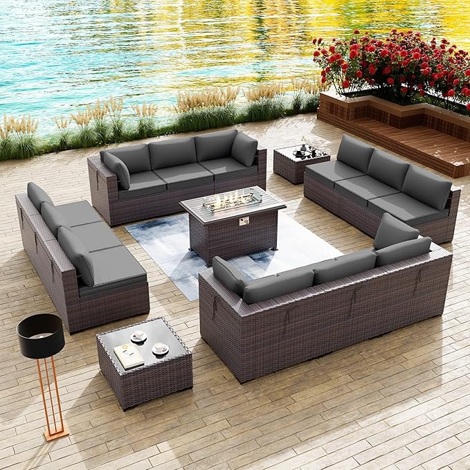 Kullavik 15PCS Outdoor Patio Furniture Set with 43" 55000BTU Gas Propane Fire Pit Table PE Wicker Rattan Sectional Sofa Patio Conversation Sets for Backyard,Grey Cushions