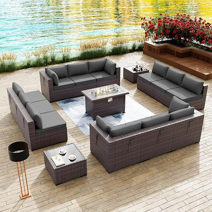 Kullavik 15PCS Outdoor Patio Furniture Set with 43" 55000BTU Gas Propane Fire Pit Table PE Wicker Rattan Sectional Sofa Patio Conversation Sets for Backyard,Grey Cushions