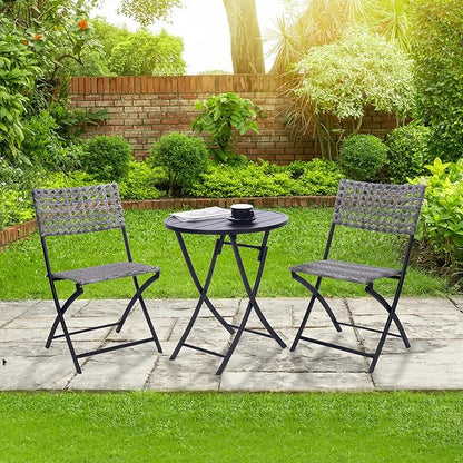 BACKYARD EXPRESSIONS PATIO · HOME · GARDEN 3 Pc 3 Piece Folding Outdoor Bistro, Wicker Furniture Table and Chairs for Garden, Backyard, Porch, Patio Conversation Set, Grey/Black