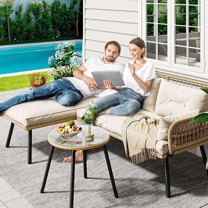 YITAHOME L-Shaped Patio Furniture Outdoor Loveseat Sectional Set for Backyard, Porch with Thick Cushions Detachable Lounger, Side Table (Light Brown+Beige)