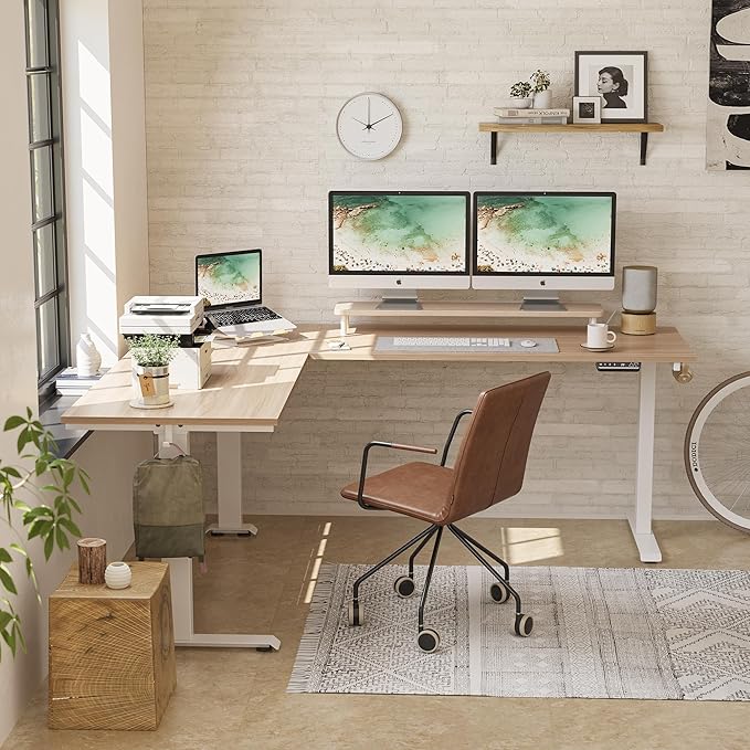 FEZIBO 75 Inches Triple Motor L Shaped Standing Desk Reversible, Electric Height Adjustable Corner Stand up Desk, Sit Stand Desk Computer Workstation, White Frame/Light Walnut Top