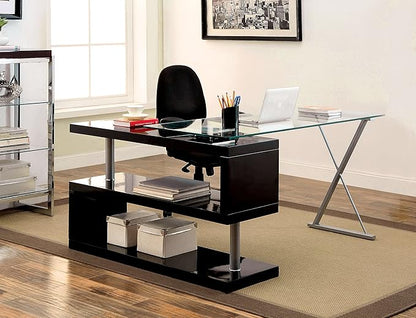 Furniture of America Lilliana S-Shaped Glass-Top Office Desk, Black
