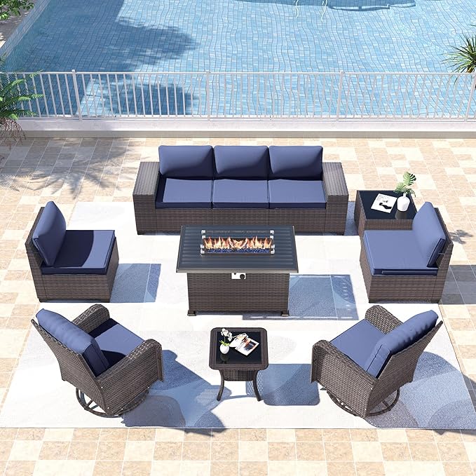 Kullavik 10PCS Outdoor Patio Furniture Set,PE Wicker Rattan Sectional Sofa Patio Conversation Sets with 43" 55000BTU Gas Propane Fire Pit Table,Swivel Rocking Chairs Set,Dark Blue