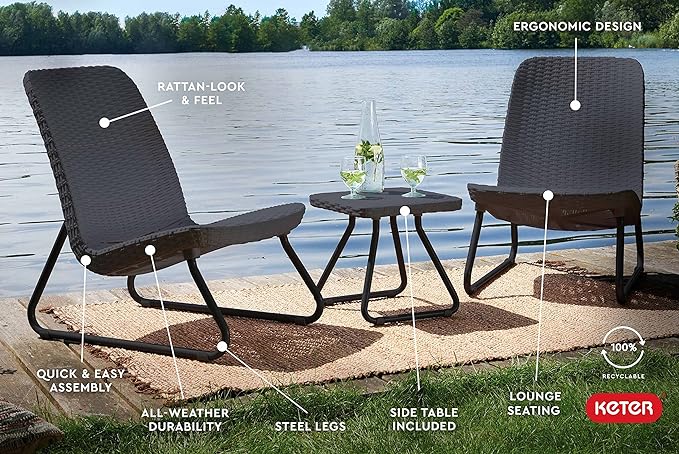 Keter Rio 3 Piece Resin Wicker Patio Furniture Set with Side Table and Outdoor Chairs, Dark Grey