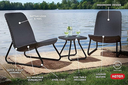 Keter Rio 3 Piece Resin Wicker Patio Furniture Set with Side Table and Outdoor Chairs, Dark Grey