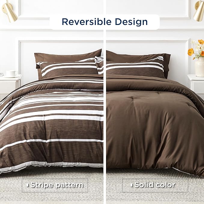 Bedsure Bed in a Bag Queen Size 7-Piece Brown White Striped Bedding Comforter Sets All Season Bed Set, 2 Pillow Shams, Flat Sheet, Fitted Sheet and 2 Pillowcases