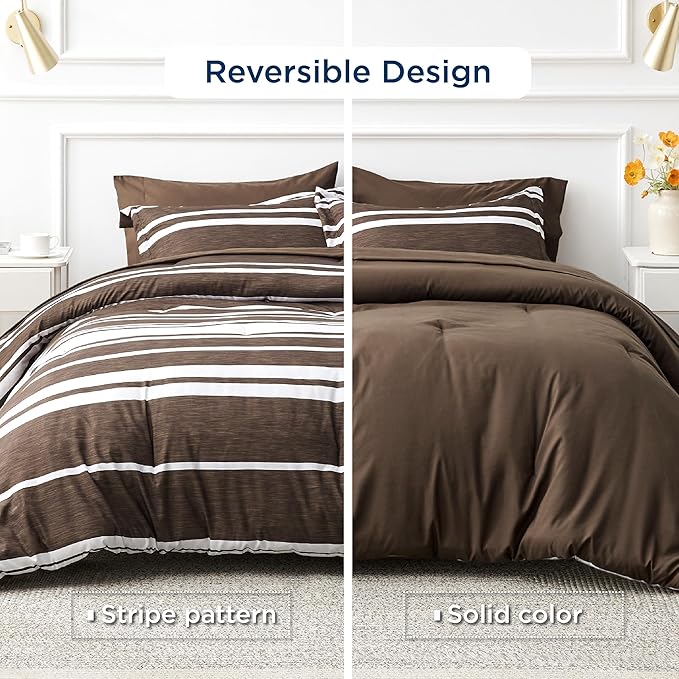 Bedsure Queen Comforter Set 7-Piece Brown White Striped Bed in a Bag All Season Reversible Bed Set, 2 Pillow Shams, Flat Sheet, Fitted Sheet and 2 Pillowcases