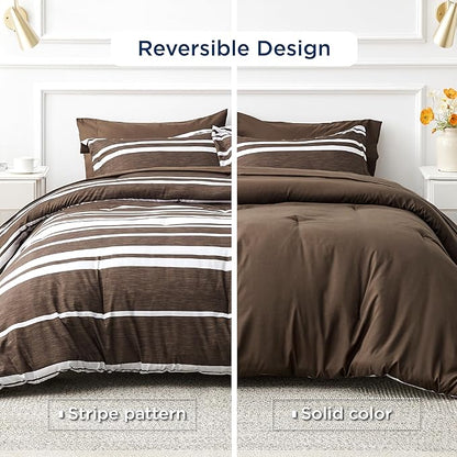 Bedsure Bed in a Bag California King Size 7-Piece Brown White Striped Bedding Comforter Sets All Season Bed Set, 2 Pillow Shams, Flat Sheet, Fitted Sheet and 2 Pillowcases
