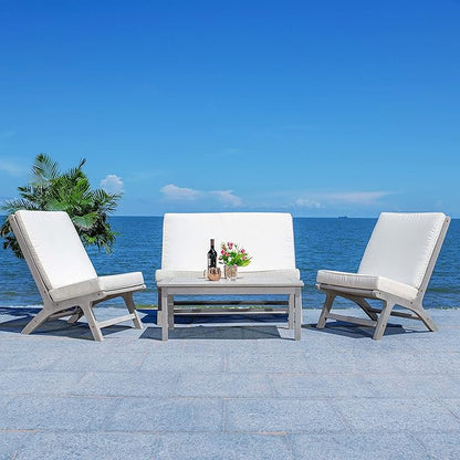 SAFAVIEH Outdoor Collection Chaston Wood Cushion 4-Piece Conversation Patio Set PAT7044H, Grey/Beige