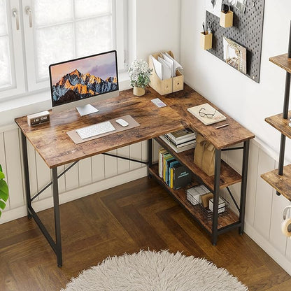 Bestier Small L Shaped Desk with Shelves 47 Inch Reversible Corner Computer Desk Writing Gaming Storage Table for Home Office Small Space, Rustic Brown