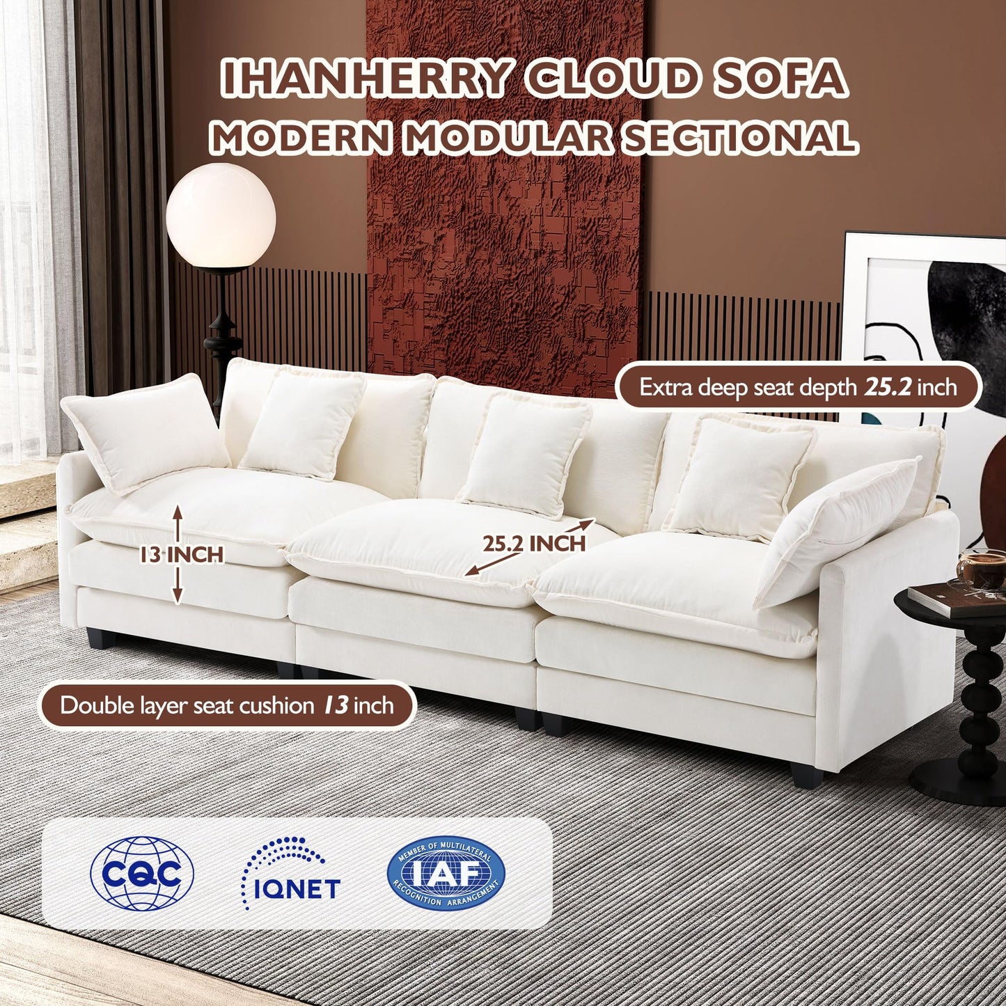 Ihanherry 111.4" L Shaped Modern Sofa Modular Sectional Cloud Couch with Ottoman, 4-Seat Chenille Deep Seat Sofa with Pillow for Living Room, Bedroom and Apartment, Beige