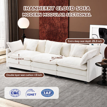 Ihanherry 111.4" L Shaped Modern Sofa Modular Sectional Cloud Couch with Ottoman, 4-Seat Chenille Deep Seat Sofa with Pillow for Living Room, Bedroom and Apartment, Beige