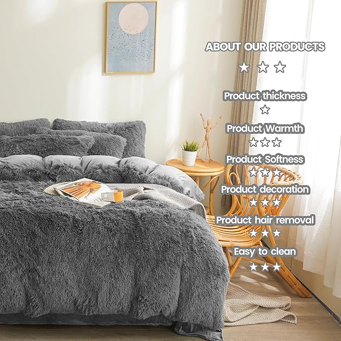 Fluffy dark grey comforters Cover twin size - Ultra Soft Plush dark grey bedding Sets 2 Pieces (1 faux fur comforter Cover + 1 fuzzy pillow case) girls shaggy dark grey twin bed set (Dark Grey, Twin)