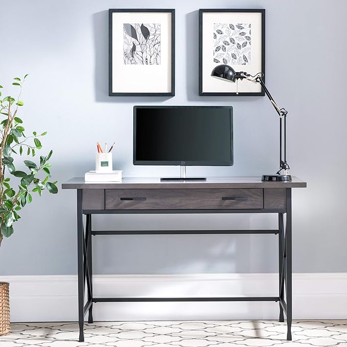 Leick Home 23400 Chisel & Forge Writing Computer Desk with Drop Front Keyboard Drawer, Smoke Gray and Matte Black