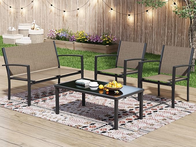 Greesum 4 Pieces Patio Furniture Set, Outdoor Conversation Sets for Patio, Lawn, Garden, Poolside with A Glass Coffee Table, Brown