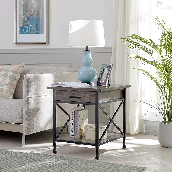 Leick Home 23007 Chisel & Forge One Drawer X Design Mixed Metal and Wood Side Table with Shelf, Smoke Gray and Matte Black, 22 in x 24 in x 24 in