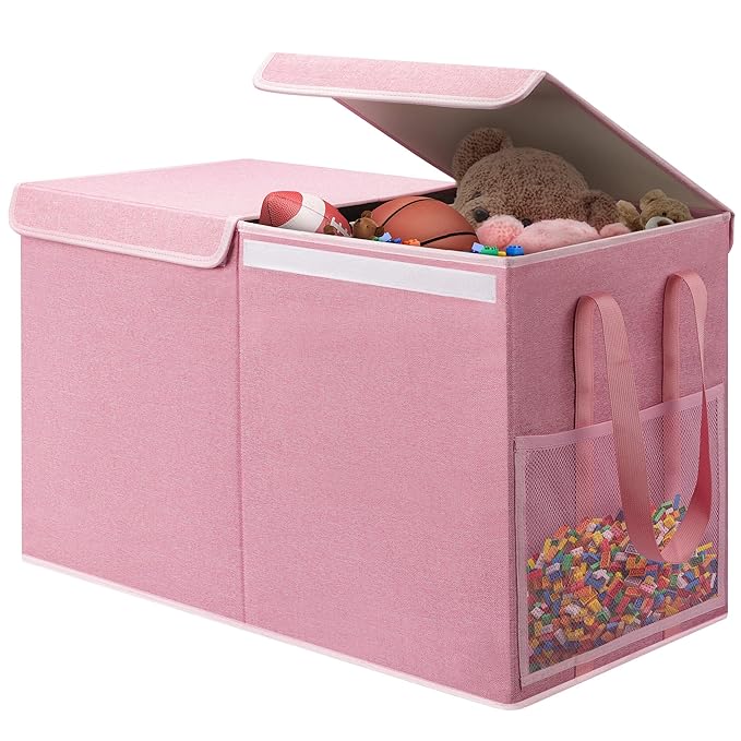 Large Toy Box for Boys Girls Toy Chest Kids Toy Storage Organizer Collapsible Toy Storage Bin Basket with Two Mesh Pockets for Nursery Playroom Bedroom Living Room Organization