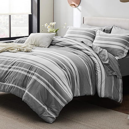 Bedsure King Size Comforter Set - 7 Pieces King Bedding Sets All Season Bed Set, Grey White Striped Bed in a Bag with Comforter, Sheets, Pillowcases & Shams