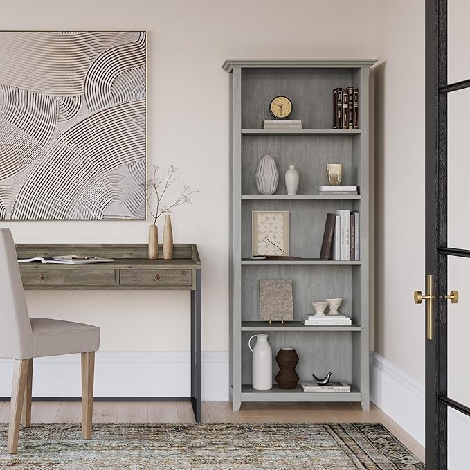 SIMPLIHOME Amherst SOLID WOOD 30 Inch Wide Transitional 5 Shelf Bookcase in Fog Grey, for The Living Room, Study Room and Office