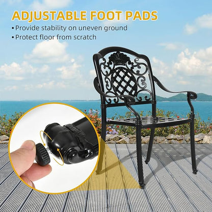 DWVO 5 Piece Outdoor Furniture Cast Aluminum Patio Dining Sets, All-Weather Patio Bistro Sets with 4 Chairs, 30 Inches Round Table with Umbrella Hole, Adjustable Feet for Balcony Backyard Deck Garden