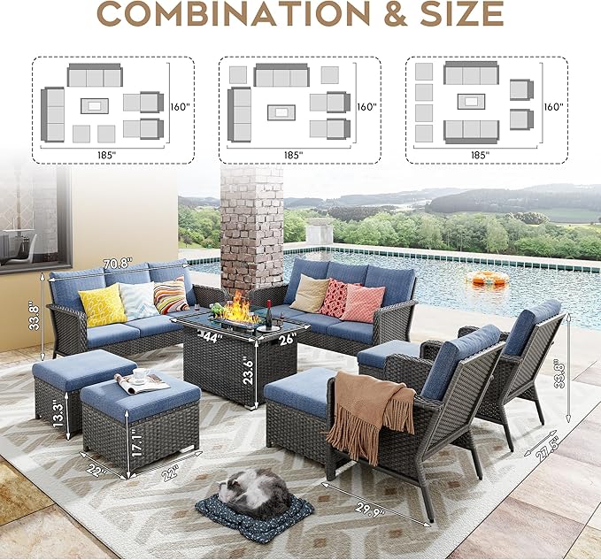 Yechen Patio Conversation Set 12 Seats with 44" Propane Gas Fire Pit Table - 9 Pcs Outdoor Wicker Furniture Set with Lid & Wind Shields - Sectional Sofa Set for Porch,Backyard
