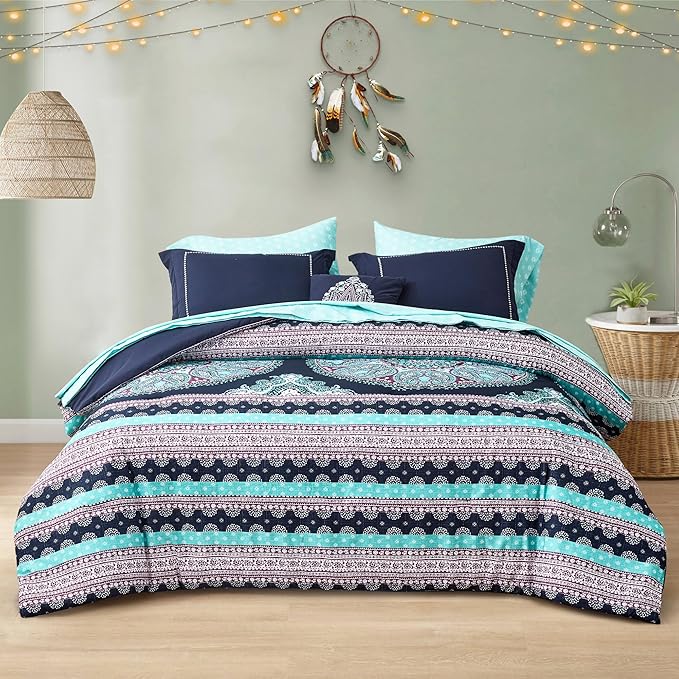 Degrees of Comfort Teen Twin Complete Comforter Sets for Girls, Boho Medallion Tween Bed in A Bag 6 Piece, Blue Microfiber Bedding Set with Sheets, Matching Decorative Pillow