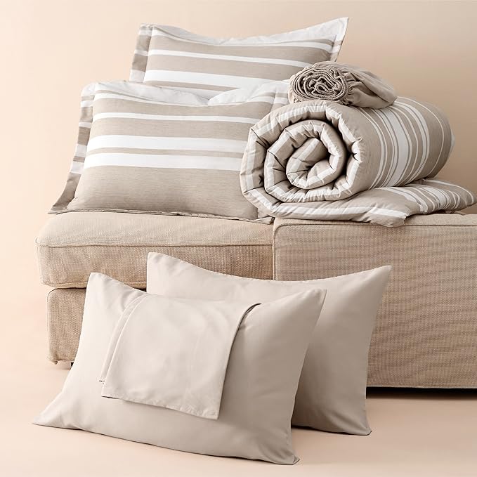 Bedsure Bed in a Bag Twin Size 5 Pieces, Light Camel White Striped Bedding Comforter Sets All Season Bed Set with 1 Pillow Sham, Flat Sheet, Fitted Sheet and 1 Pillowcase