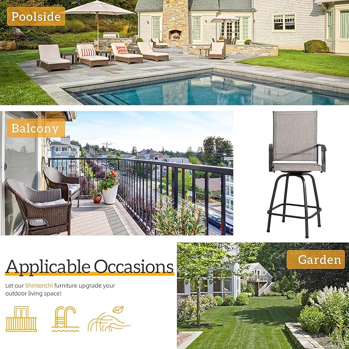 Shintenchi 4 Piece Outdoor Swivel Bar Stools, Patio Height Top Bar Stools Chairs Set of 4, All-Weather Textile Patio Bistro Bar high Chairs Set with High Back, Armrest for Lawn, Garden, Deck