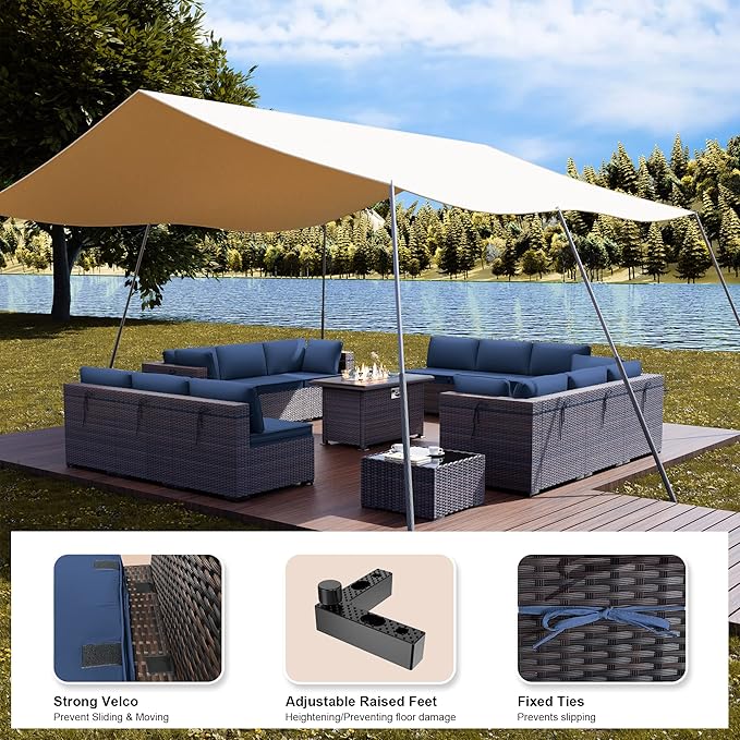 Kullavik 15PCS Outdoor Patio Furniture Set with 43" 55000BTU Gas Propane Fire Pit Table PE Wicker Rattan Sectional Sofa Patio Conversation Sets,Dark Blue