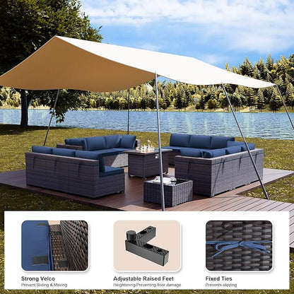 Kullavik 15PCS Outdoor Patio Furniture Set with 43" 55000BTU Gas Propane Fire Pit Table PE Wicker Rattan Sectional Sofa Patio Conversation Sets,Dark Blue