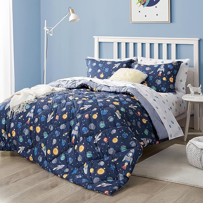 Kids Bedding Set for Boys, Twin Size 5 Pieces Space Themed Bed in a Bag, Super Soft Lightweight Microfiber Comforter Set with Sheets, Hotel Quality Durable Children Bed Set