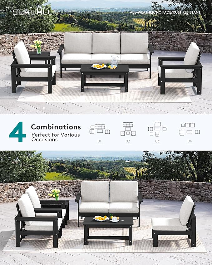 SERWALL HDPE Patio Coversation Set, 7-piece Outdoor Sectional Sofa Set, All Weather Patio Couch Set Patio Furniture for Balcony, Deck, Black Frame with Khaki Cushion