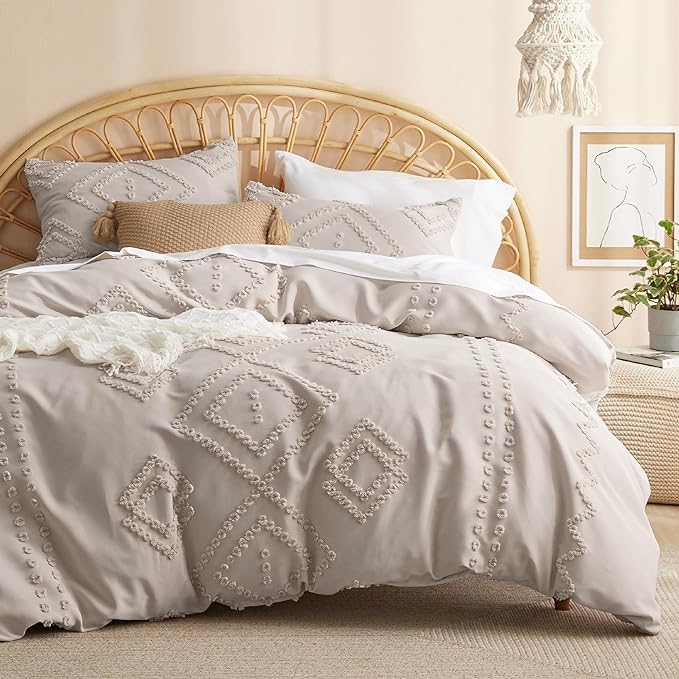 Bedsure Boho Comforter Set Full - Linen Tufted Bedding Comforter Set, 3 Pieces Farmhouse Shabby Chic Embroidery Bedding Set, Soft Geometric Pattern Comforter for All Seasons