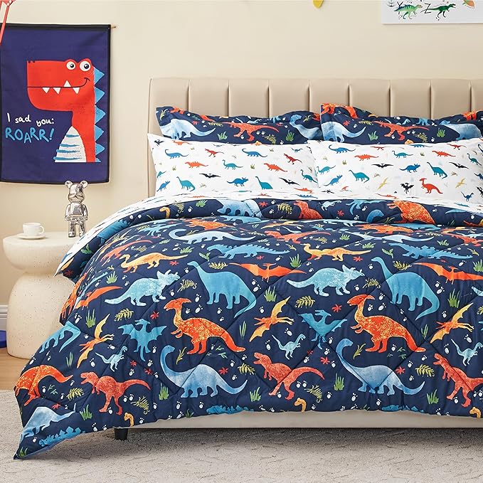 Kids Queen Dinosaur Bedding Comforter Set for Boys, 7 Pieces Queen Size Dinosaur Kids Bedding Set, Super Soft Lightweight Microfiber Comforter Set with Sheets for All Seasons