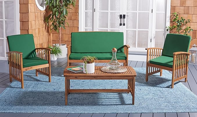 SAFAVIEH Outdoor Collection Rocklin Natural/ Green Cushion 4-Piece Conversation Patio Set