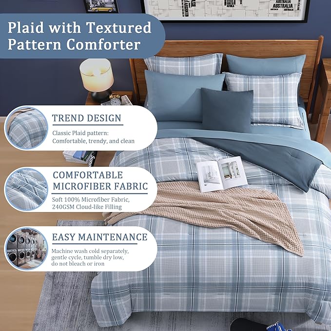 Blue King Size Comforter, Dorm Plaid Light Blue King Bedding Set Homestead-style King Size Bed Set for Bedroom (Light Blue,King,102"*90")
