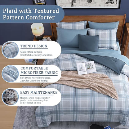 Blue King Size Comforter, Dorm Plaid Light Blue King Bedding Set Homestead-style King Size Bed Set for Bedroom (Light Blue,King,102"*90")