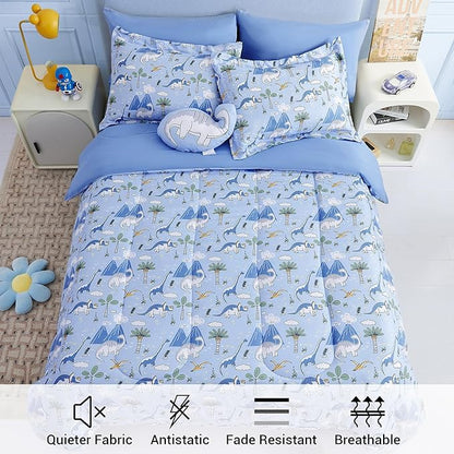 Mooreeke Kids Comforter Bed Set Full Size for Boys, 8 Pieces Bed in a Bag with Shams, Sheet Set and 1 Decorative Toy Throw Pillow, Dinosaur Blue Super Full Soft Microfiber Kids Comforter Bedding Set