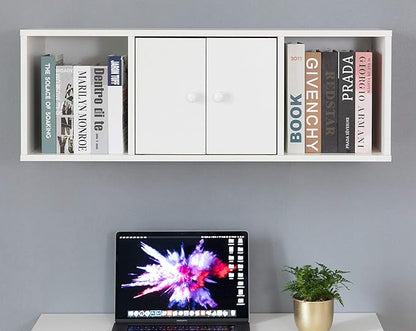 Wall Mounted Office Computer Desk and Floating Hutch Cabinet, White