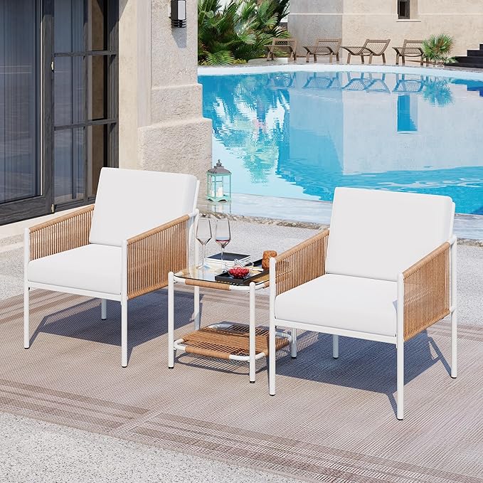 Shintenchi 3 Piece Wicker Patio Furniture Set, Outdoor Furniture Rattan Conversation Set with Two Single Chairs and Coffee Table for Backyard, Balcony, Poolside