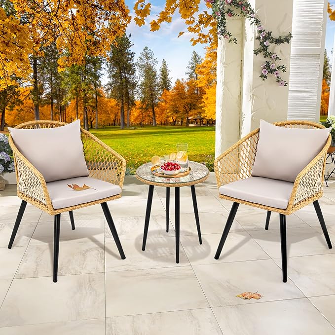 YITAHOME 3-Piece Wicker Balcony Small Patio Furniture Chair Set, Outdoor Rattan Conversation Chairs for Backyard, Balcony and Apartment with Soft Gray Cushions, Glass Side Table Light-Yellow