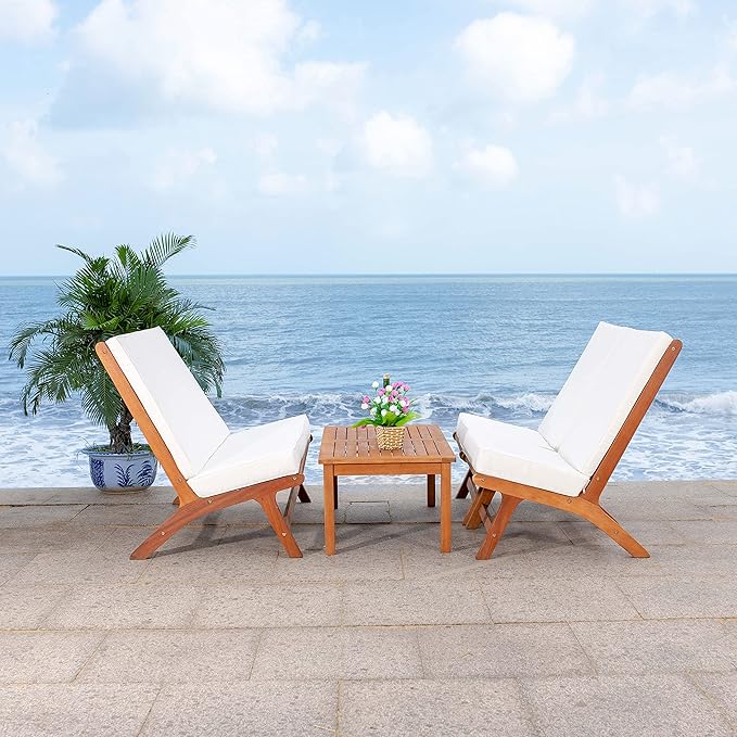 SAFAVIEH Outdoor Collection Chaston Wood Cushion 4-Piece Conversation Patio Set PAT7044F, Natural/Beige