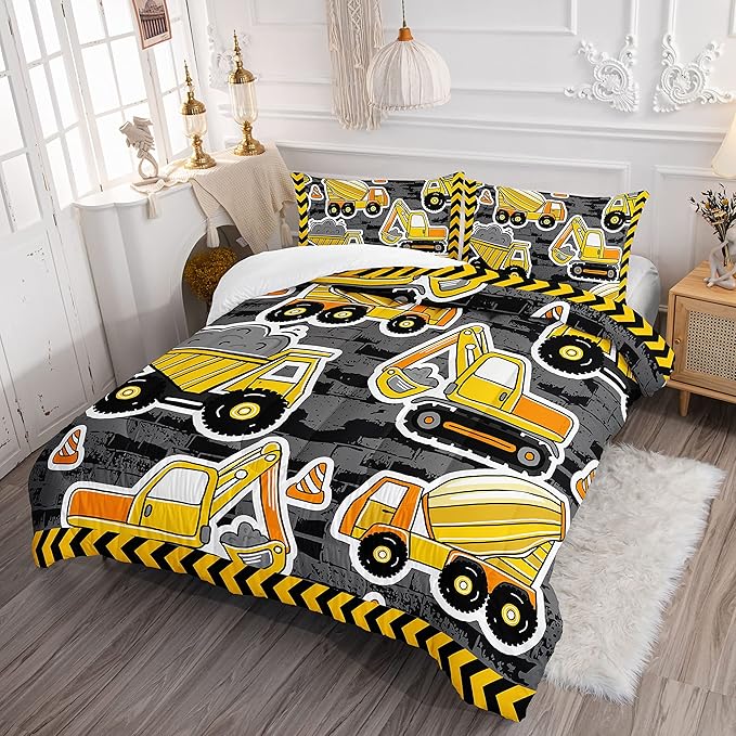 Datura home Kids Construction Truck Comforter Set for Boys Kids,Excavators Truck Machinery Vehicles Tractor Printed Bedding Set with 1 Comforter and 2 Pillowcases(Truck Yellow Queen)90x90in