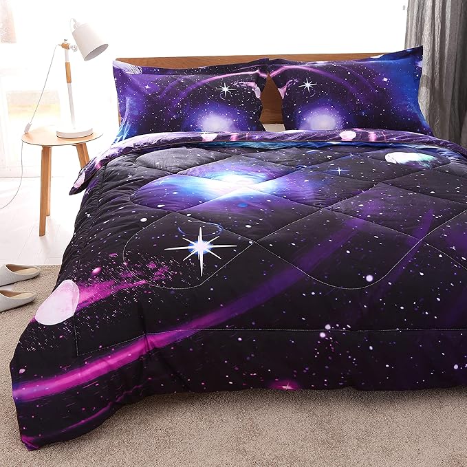 Wowelife Galaxy Twin Size Bedding Sets 5 Pieces Galaxy Space Comforter Set Blue 3D Kids Bed in A Bag Comforter Set for Girls Boys Lightweight with Comforter, Flat Sheet, Fitted Sheet and 2 Pillowcases